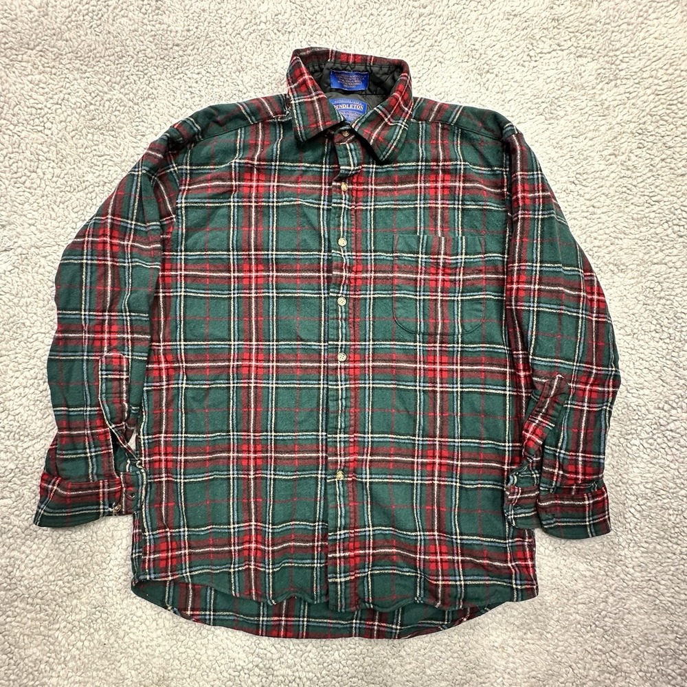 Pendleton King George Wool Tartan Long Sleeve Green Plaid Shirt Mens Size Medium